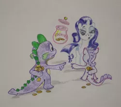 Size: 1163x1026 | Tagged: safe, artist:hillbe, derpibooru import, rarity, spike, oc, dracony, hybrid, cookie, cookie jar, female, food, interspecies offspring, male, offspring, parent:rarity, parent:spike, parents:sparity, shipping, sparity, straight, traditional art