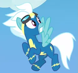 Size: 519x485 | Tagged: safe, derpibooru import, screencap, fleetfoot, pony, parental glideance, clothes, cloud, cropped, goggles, open mouth, sky, solo, startled, uniform, wonderbolts, wonderbolts uniform