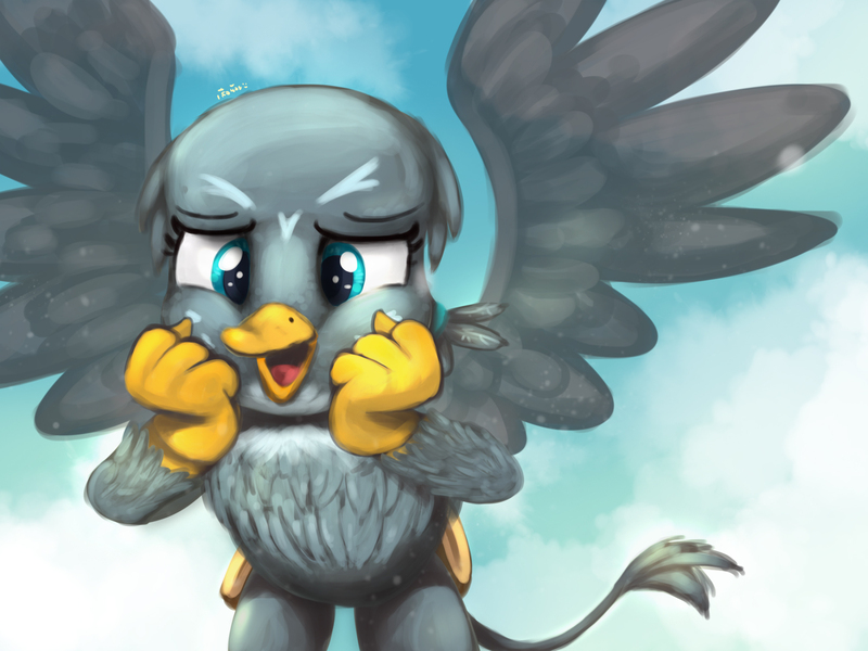 Size: 2000x1500 | Tagged: safe, artist:blackligerth, derpibooru import, gabby, gryphon, cute, female, gabbybetes, open mouth, sky, solo, spread wings, wings