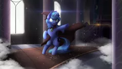 Size: 4000x2250 | Tagged: alicorn, armpits, artist:blackligerth, cape, clothes, costume, cutie mark, derpibooru import, female, hat, mare, princess luna, s1 luna, safe, solo, window, witch hat