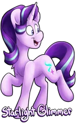 Size: 1401x2270 | Tagged: safe, artist:luximus17, derpibooru import, starlight glimmer, pony, unicorn, chest fluff, cute, female, glimmerbetes, head turn, looking at something, looking away, mare, name, open mouth, raised hoof, raised leg, simple background, smiling, solo, standing, transparent background