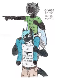 Size: 2323x3169 | Tagged: anthro, anthro oc, artist:deathless-master, changeling, changeling oc, clothes, couple, cricketfish, derpibooru import, female, hugs 4 bugs, male, oc, oc:imago, oc:mako, oc x oc, orca pony, original species, safe, shipping, shirt, shorts, straight, traditional art