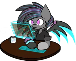 Size: 2000x1598 | Tagged: safe, artist:ren, derpibooru import, oc, oc:keyphrase, unofficial characters only, cyborg, pegasus, pony, amputee, augmented, clothes, coffee cup, commission, cup, cutie mark, cyberpunk, doom, female, holographic keyboard, holographic screen, jacket, multicolored mane, neon, prosthetic limb, prosthetic wing, prosthetics, simple background, solo, table, transparent background, video game, wings