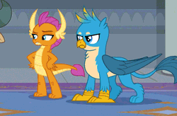 Size: 700x460 | Tagged: safe, derpibooru import, screencap, gallus, smolder, dragon, gryphon, school daze, animated, claws, cropped, dragoness, dragon wings, fangs, female, fist bump, gif, grin, horns, male, smiling, teeth, wings