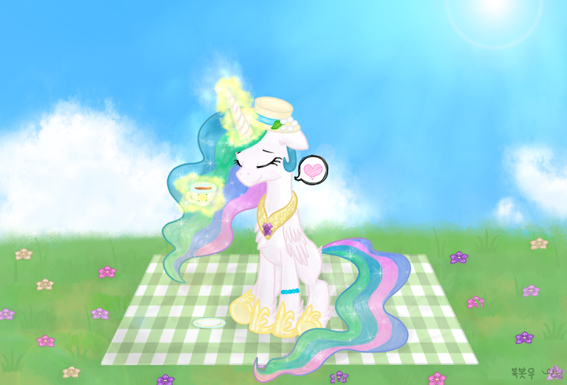 Size: 895x607 | Tagged: safe, artist:yunyeyoung, derpibooru import, princess celestia, alicorn, pony, chest fluff, cup, cute, cutelestia, eyes closed, female, floppy ears, food, hat, heart, magic, mare, picnic, picnic blanket, pictogram, sitting, smiling, solo, speech bubble, tea, teacup, telekinesis