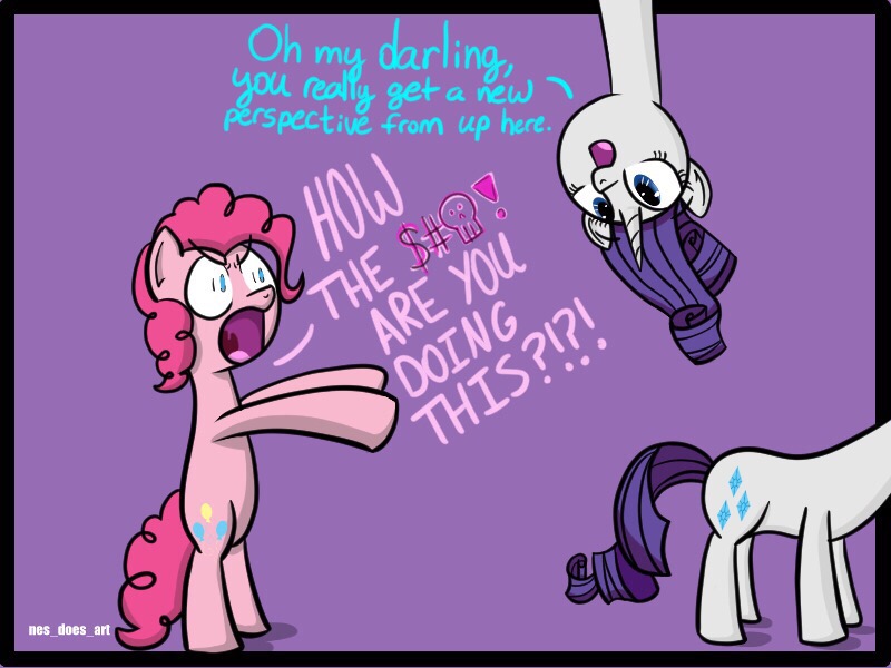 Size: 800x600 | Tagged: safe, artist:nesdoesart, derpibooru import, pinkie pie, rarity, earth pony, pony, unicorn, censored vulgarity, darling, dialogue, duo, female, fourth wall, grawlixes, hypocritical humor, mare, pinkie physics, role reversal