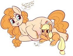 Size: 933x717 | Tagged: safe, artist:lulubell, derpibooru import, applejack, pear butter, earth pony, pony, cute, female, filly, filly applejack, foal, implied apple bloom, jackabetes, listening, mare, mother and daughter, pearabetes, pregnant, simple background, transparent background, unshorn fetlocks, younger