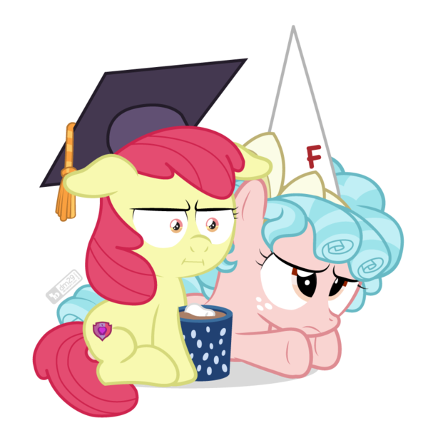 Size: 900x900 | Tagged: safe, artist:dm29, derpibooru import, apple bloom, cozy glow, earth pony, pegasus, pony, marks for effort, :i, chocolate, cutie mark, dunce hat, duo, duo female, empathy cocoa, epic fail, fail, female, filly, floppy ears, food, graduation cap, hat, hot chocolate, i mean i see, mortarboard, simple background, the cmc's cutie marks, transparent background