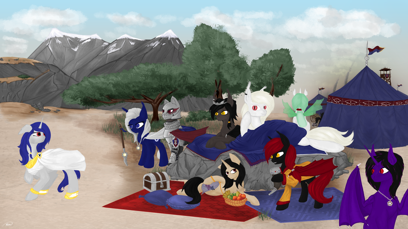 Size: 3840x2160 | Tagged: safe, artist:silviawing, derpibooru import, oc, oc:albi light wing, oc:kika, oc:takhisis, alicorn, changeling, unicorn, albino, albino changeling, alicorn oc, armor, camping, changeling oc, chest, desert, gold, green changeling, group, nightpony, weapon