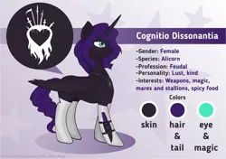 Size: 2482x1750 | Tagged: alicorn, alicorn oc, artist:silviawing, clothes, cyan eyes, cyrillic, derpibooru import, female, horn, jewelry, knife, mare, oc, oc:cognitio dissonantia, purple hair, reference, reference sheet, russian, safe, simple background, stockings, thigh highs, unofficial characters only, wings