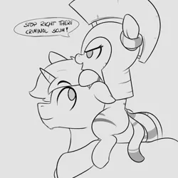 Size: 800x800 | Tagged: artist needed, cute, derpibooru import, female, filly, floppy ears, monochrome, oblivion, oc, ocbetes, oc:zala, piggyback ride, ponies riding ponies, royal guard, safe, stop right there criminal scum, the elder scrolls, zebra