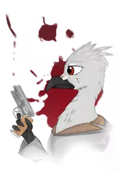 Size: 1553x2188 | Tagged: suggestive, artist:silviawing, derpibooru import, oc, oc:bodhi, unofficial characters only, gryphon, blade runner, blood, gun, handgun, pistol, red eyes, revolver