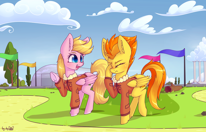 Size: 4492x2880 | Tagged: safe, alternate version, artist:dsp2003, derpibooru import, spitfire, oc, oc:lucky doo, pegasus, pony, blushing, bomber jacket, bush, clothes, cloud, commission, duo, facehoof, female, femboy, girly, hangar, jacket, male, mare, signature, spitcky, stallion, textless, tree