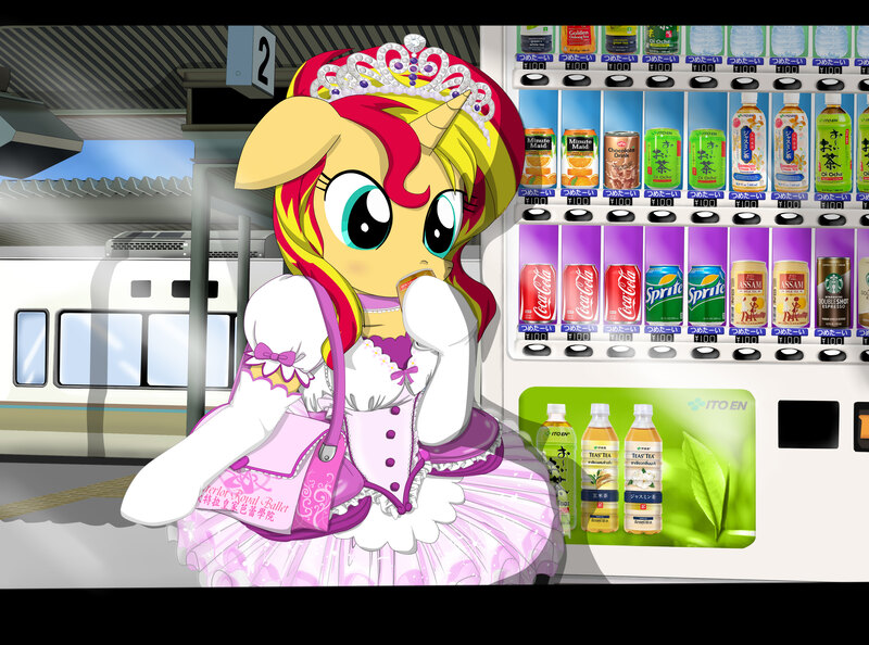 Size: 3500x2600 | Tagged: safe, artist:avchonline, derpibooru import, sunset shimmer, pony, unicorn, ballerina, bipedal, can, canterlot royal ballet academy, clothes, coca-cola, cute, dress, female, floppy ears, japanese, juice, lemonade, mare, minute maid, product placement, shimmerbetes, shimmerina, solo, sprite, the coca-cola company, train, train station, tutu, vending machine, yen