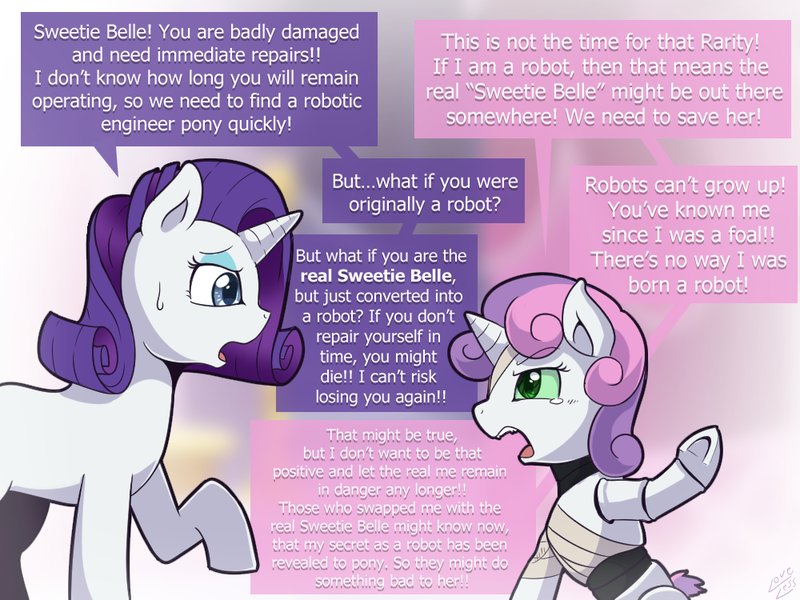 Size: 1000x750 | Tagged: safe, artist:vavacung, derpibooru import, rarity, sweetie belle, pony, robot, robot pony, unicorn, cute, destabilize, female, heartwarming, sweetie bot