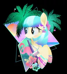 Size: 900x995 | Tagged: artist:ii-art, black background, coco pommel, derpibooru import, flower, palm tree, retrowave, safe, simple background, solo, synthwave, tree, watermark