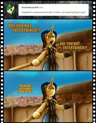 Size: 787x1014 | Tagged: safe, artist:jamescorck, derpibooru import, oc, oc:movie slate, pony, unicorn, armor, armor skirt, audience, bipedal, clothes, comic, dexterous hooves, dialogue, female, gladiator, gladiatrix, mare, parody, skirt, story in the source, sword, tumblr comic, weapon