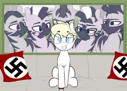 Size: 1832x1316 | Tagged: semi-grimdark, artist:shinodage, derpibooru import, edit, edited edit, oc, oc:aryanne, earth pony, pony, zebra, aryan pony, couch, edit of an edit of an edit, female, gas chamber, mare, nazi, pillow, piper perri surrounded, sitting, this will end in death