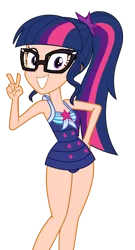 Size: 3111x5768 | Tagged: safe, artist:keronianniroro, derpibooru import, edit, editor:michaelsety, sci-twi, twilight sparkle, human, equestria girls, equestria girls series, forgotten friendship, adorasexy, adorkable, clothes, cute, dork, glasses, grin, human coloration, humanized, looking at you, peace sign, sexy, simple background, smiling, solo, swimsuit, transparent background, twiabetes, vector