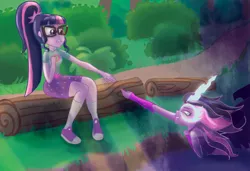 Size: 1578x1081 | Tagged: safe, artist:drawingann, derpibooru import, sci-twi, twilight sparkle, equestria girls, legend of everfree, camp everfree outfits, clothes, crepuscular rays, it's a trap, log, midnight sparkle, pond, shorts, sitting, the midnight in me