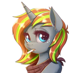 Size: 2712x2706 | Tagged: safe, artist:dankflank, derpibooru import, oc, oc:hazy graze, unofficial characters only, pony, unicorn, bandana, bust, cigarette, freckles, high res, neckerchief, portrait, raffle prize, simple background, smoking, teenager, transparent background
