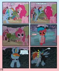 Size: 900x1080 | Tagged: safe, artist:lister-of-smeg, derpibooru import, pinkie pie, rainbow dash, oc, oc:crosspatch, bat, pony, comic:zap-o-lantern, cloud, comic, flying, jar