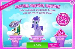 Size: 797x529 | Tagged: safe, derpibooru import, official, hyacinth dawn, pony, advertisement, disciplined trainee, gameloft, gem, sale, solo