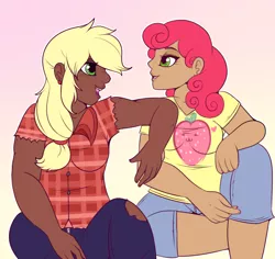 Size: 770x727 | Tagged: applejack, applerise, artist:lulubell, bedroom eyes, breasts, chubby, clothes, commission, dark skin, derpibooru import, ear piercing, earring, female, flannel, freckles, gradient background, human, humanized, jeans, jewelry, lesbian, open mouth, pants, piercing, safe, shipping, shirt, shorts, strawberry sunrise, torn clothes, t-shirt