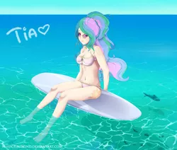 Size: 1600x1354 | Tagged: artist:musicfirewind, bikini, breasts, cleavage, clothes, derpibooru import, female, fish, glasses, human, humanized, looking at you, princess celestia, safe, solo, sunglasses, surfboard, swimsuit, water