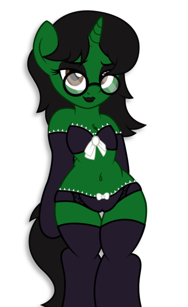 Size: 3402x5531 | Tagged: questionable, artist:digiqrow, deleted from derpibooru, derpibooru import, oc, oc:ambitious gossip, pony, semi-anthro, unicorn, cameltoe, clothes, female, glasses, lingerie, lipstick, simple background, solo, solo female, stockings, thigh highs, transparent background