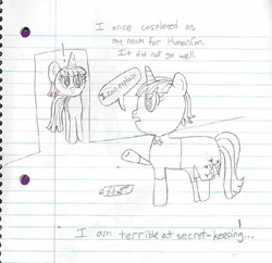 Size: 666x646 | Tagged: alicorn, artist:ask-rainlight-shine, clothes, cosplay, costume, derpibooru import, grayscale, lined paper, magical lesbian spawn, mane dye, monochrome, oc, oc:rainlight shine, offspring, older, older twilight, parent:rainbow dash, parents:twidash, parent:twilight sparkle, safe, text, traditional art, twilight sparkle, twilight sparkle (alicorn)