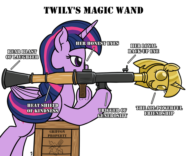 Size: 1280x1067 | Tagged: safe, artist:mkogwheel, derpibooru import, twilight sparkle, twilight sparkle (alicorn), alicorn, pony, meme, parody, ponified meme, rpg-7, scepter, simple background, solo, twilight scepter, weapon, white background