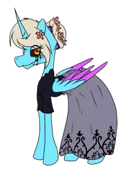 Size: 475x604 | Tagged: safe, artist:chazmazda, derpibooru import, oc, oc:charlie gallaxy-starr, unofficial characters only, alicorn, gryphon, pony, alicorn oc, clothes, colored wings, dress, fangs, flat color, flower, fullbody, gradient wings, horn, markings, outline, ponysona, simple background, solo, transparent background, victorian, wings