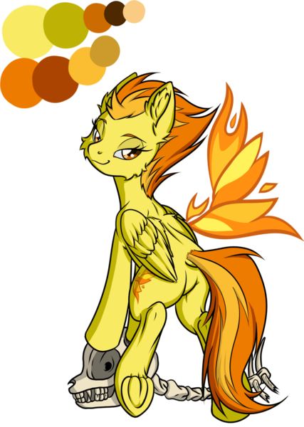 Size: 1024x1439 | Tagged: suggestive, artist:ravvij, artist:spitshy, derpibooru import, spitfire, pegasus, pony, bone, captain, cel shading, cheek fluff, cure, cutie mark, dock, ear fluff, female, fire, folded wings, food, frog (hoof), gold, lidded eyes, looking back, mare, orange, pinup, plot, sexy, simple background, simple shading, skull, solo, spine, transparent background, underhoof, wonderbolts, yellow