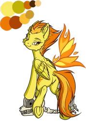 Size: 1024x1439 | Tagged: suggestive, artist:ravvij, artist:spitshy, derpibooru import, spitfire, pegasus, pony, bone, captain, cel shading, cheek fluff, cure, cutie mark, dock, ear fluff, female, fire, folded wings, food, frog (hoof), gold, lidded eyes, looking back, mare, orange, pinup, plot, sexy, simple background, simple shading, skull, solo, spine, transparent background, underhoof, wonderbolts, yellow