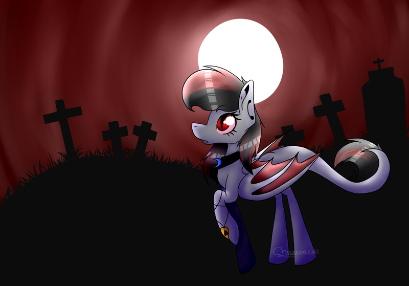 Size: 1100x768 | Tagged: safe, artist:chazmazda, derpibooru import, oc, oc:black heart, unofficial characters only, bat pony, vampire, commission, flat color, fullbody, grave, gravestone, graveyard, jewelry, long tail, moon, necklace, outline, shade, shading, solo, wings