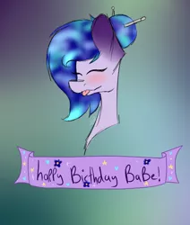 Size: 610x718 | Tagged: safe, artist:chazmazda, derpibooru import, oc, unofficial characters only, pegasus, pony, :p, birthday, blushing, bust, ethereal mane, flower, galaxy mane, gradient background, gradient ears, happy birthday, heart, ponysona, portrait, silly, simple background, solo, space, tongue out