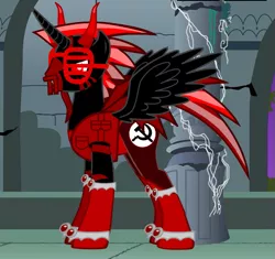 Size: 613x575 | Tagged: alicorn, alicorn oc, artist needed, backstory, beard, biography, castle of the royal pony sisters, clothes, communism, derpibooru import, devil horns, donut steel, edgelord, edgy, equestria is doomed, evil, evil grin, eye slits, facial hair, glasses, grin, hammer, hammer and sickle, headcanon, horn, jewelry, male, moustache, national bolshevism, nazbol, nazi, night, night sky, oc, oc:god emperor diablo mc edge-overlord pony the 1st, ow the edge, politics, pony creator, red and black oc, regalia, royalty, ruins, safe, sickle, sky, smiling, solo, stallion, unofficial characters only, wall of tags, wings, wtf, xk-class end-of-the-world scenario, xk-class end-of-the-world scenario alicorn