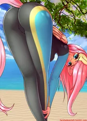 Size: 2000x2766 | Tagged: anthro, artist:twistedscarlett60, ass, beach, bent over, blushing, bodysuit, breasts, busty fluttershy, butt, clothes, derpibooru import, equestria girls outfit, female, flutterbutt, fluttershy, looking at you, looking back, mare, pegasus, plantigrade anthro, smiling, solo, solo female, suggestive, swimsuit, tree, water, wetsuit