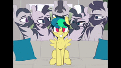 Size: 960x540 | Tagged: safe, artist:shinodage, derpibooru import, edit, screencap, oc, oc:apogee, unofficial characters only, pegasus, pony, zebra, :o, animated, bedroom eyes, couch, cute, eyes on the prize, female, filly, freckles, glasses, grin, imminent rape, imminent sex, jojo's bizarre adventure, lidded eyes, looking at you, male, meme, open mouth, pillow, piper perri surrounded, roundabout, sitting, smiling, smirk, sound, squee, stallion, striped, to be continued (meme), video, webm, yes (band), zebra supremacy, zebradom