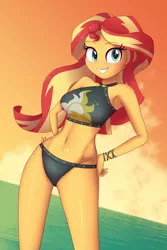 Size: 1280x1920 | Tagged: safe, alternate version, artist:zelc-face, derpibooru import, sunset shimmer, human, equestria girls, equestria girls series, adorasexy, armpits, beach babe, beautiful, belly button, bikini, bikini babe, bikini bottom, black swimsuit, breasts, busty sunset shimmer, clothes, cute, cutie mark swimsuit, female, jeweled swimsuit, legs, looking at you, midriff, sexy, smiling, solo, summer sunset, swimsuit, thighs, wristband, zelc-face's swimsuits