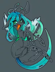 Size: 928x1200 | Tagged: suggestive, artist:slugbox, derpibooru import, queen chrysalis, changeling, changeling queen, featureless crotch, female, looking at you, mare, open mouth, simple background, solo, solo female, tongue out