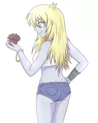 Size: 2598x3248 | Tagged: safe, artist:sumin6301, derpibooru import, derpy hooves, equestria girls, ass, booty shorts, bracelet, breasts, busty derpy hooves, clothes, curvy, dessert, female, food, midriff, muffin, short jeans, simple background, smiling, solo, white background
