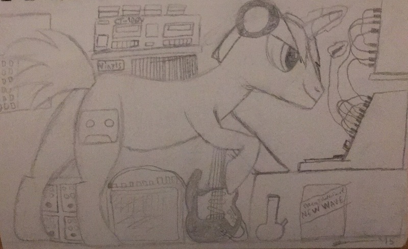 Size: 1316x806 | Tagged: safe, artist:ambient beat, derpibooru import, oc, oc:ambient beat, unofficial characters only, pony, unicorn, bong, cassette player, cassette tape, effect pedal, glowing horn, guitar, horn, korg, levitation, magic, magic aura, male, music, musical instrument, musician, new wave, records, seattle, solo, stallion, studio, synthesizer, tape recorder, telekinesis, traditional art