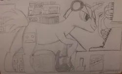 Size: 1316x806 | Tagged: safe, artist:ambient beat, derpibooru import, oc, oc:ambient beat, unofficial characters only, pony, unicorn, bong, cassette player, cassette tape, effect pedal, glowing horn, guitar, horn, korg, levitation, magic, magic aura, male, music, musical instrument, musician, new wave, records, seattle, solo, stallion, studio, synthesizer, tape recorder, telekinesis, traditional art