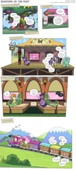 Size: 3000x6736 | Tagged: suggestive, artist:perfectblue97, derpibooru import, bon bon, carrot top, golden harvest, lyra heartstrings, sweetie drops, twilight sparkle, dragon, earth pony, pony, unicorn, comic:shadows of the past, comic, golden oaks library, implied spike, offscreen character, ponyville train station, silhouette, train