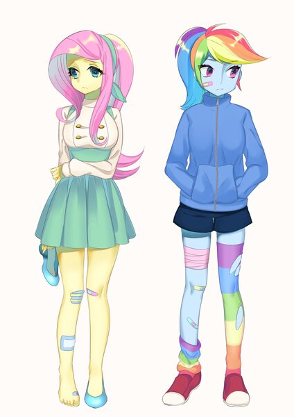 Size: 1447x2047 | Tagged: safe, artist:yam, derpibooru import, fluttershy, rainbow dash, equestria girls, bandaid, breasts, busty fluttershy, clothes, converse, feet, female, flutterdash, high heels, lesbian, rainbow socks, shipping, shoes, simple background, skirt, sneakers, socks, striped socks, sweater