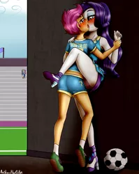 Size: 1828x2301 | Tagged: suggestive, artist:anibaruthecat, derpibooru import, rainbow dash, rarity, scootaloo, sweetie belle, equestria girls, equestria girls series, blushing, cameltoe, clothes, female, football, high heels, kissing, lesbian, looking at each other, panties, rariloo, shipping, shoes, shorts, sister swapping, skirt, skirt lift, sneakers, soccer field, sports, sweetiedash, tongue out, underwear, upskirt