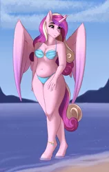 Size: 1933x3063 | Tagged: alicorn, anklet, anthro, artist:fairdahlia, beach, belly button, bikini, breasts, busty princess cadance, cleavage, clothes, derpibooru import, digital art, female, happy, jewelry, mare, milf, ocean, outdoors, princess cadance, smiling, solo, solo female, suggestive, swimsuit, underwear, unguligrade anthro, water