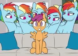 Size: 1835x1319 | Tagged: safe, artist:shinodage, derpibooru import, edit, edited edit, editor:deserter, rainbow dash, scootaloo, pegasus, pony, fanfic:on a cross and arrow, alternate hairstyle, beard, blitzabetes, couch, cute, cutealoo, dashstorm, empty eyes, eyebrows, eyes on the prize, facial hair, female, filly, foal, grin, half r63 shipping, lidded eyes, looking at you, male, meme, multeity, pillow, piper perri surrounded, rainbow blitz, rule 63, rule63betes, scootablitz, scootadash, shipping, smiling, spread wings, squee, stallion, straight, stubble, wings